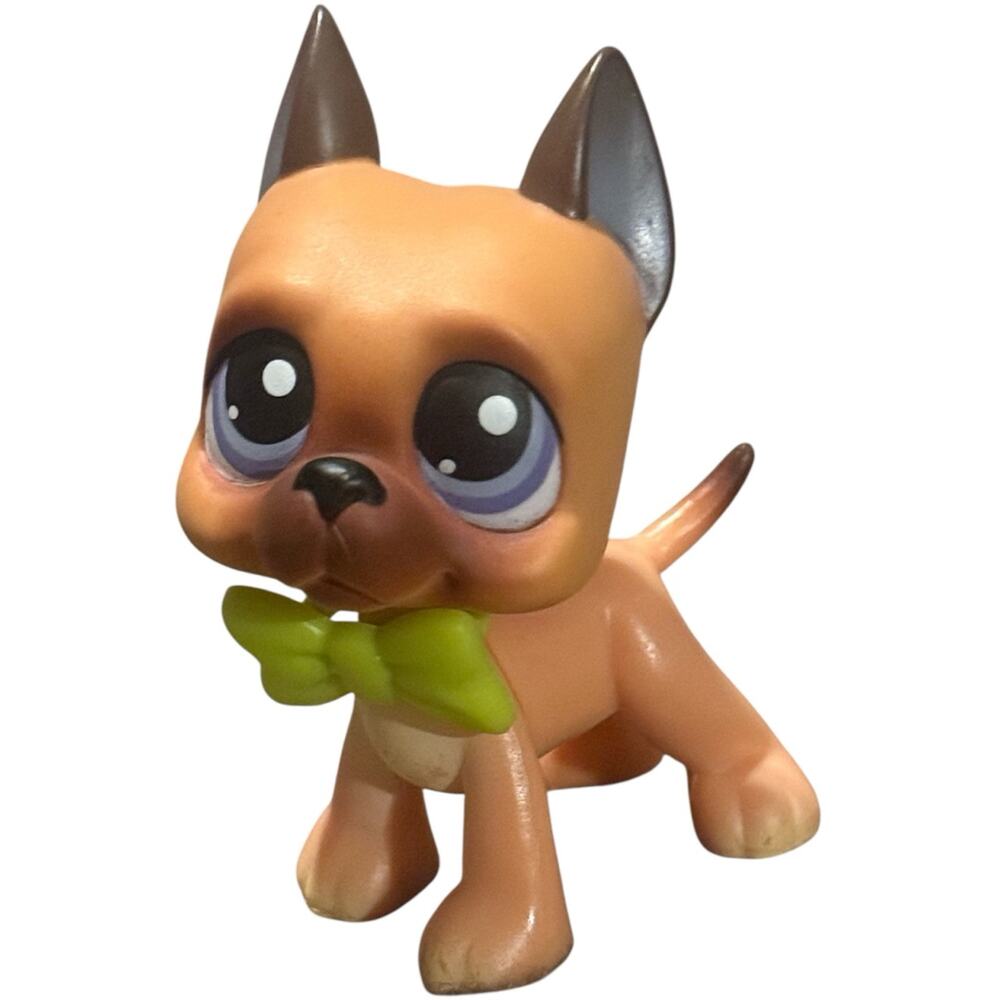 Authentic Littlest Pet Shop #244 Brown Great Dane Dog LPS Pet with Green Bow tie